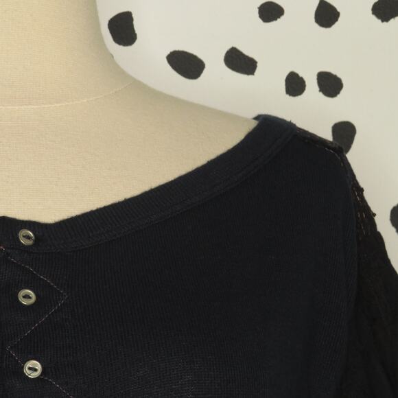 Free People Navy Mixed Media Light Magic Henley Balloon Sleeve Top - Picture 4 of 12